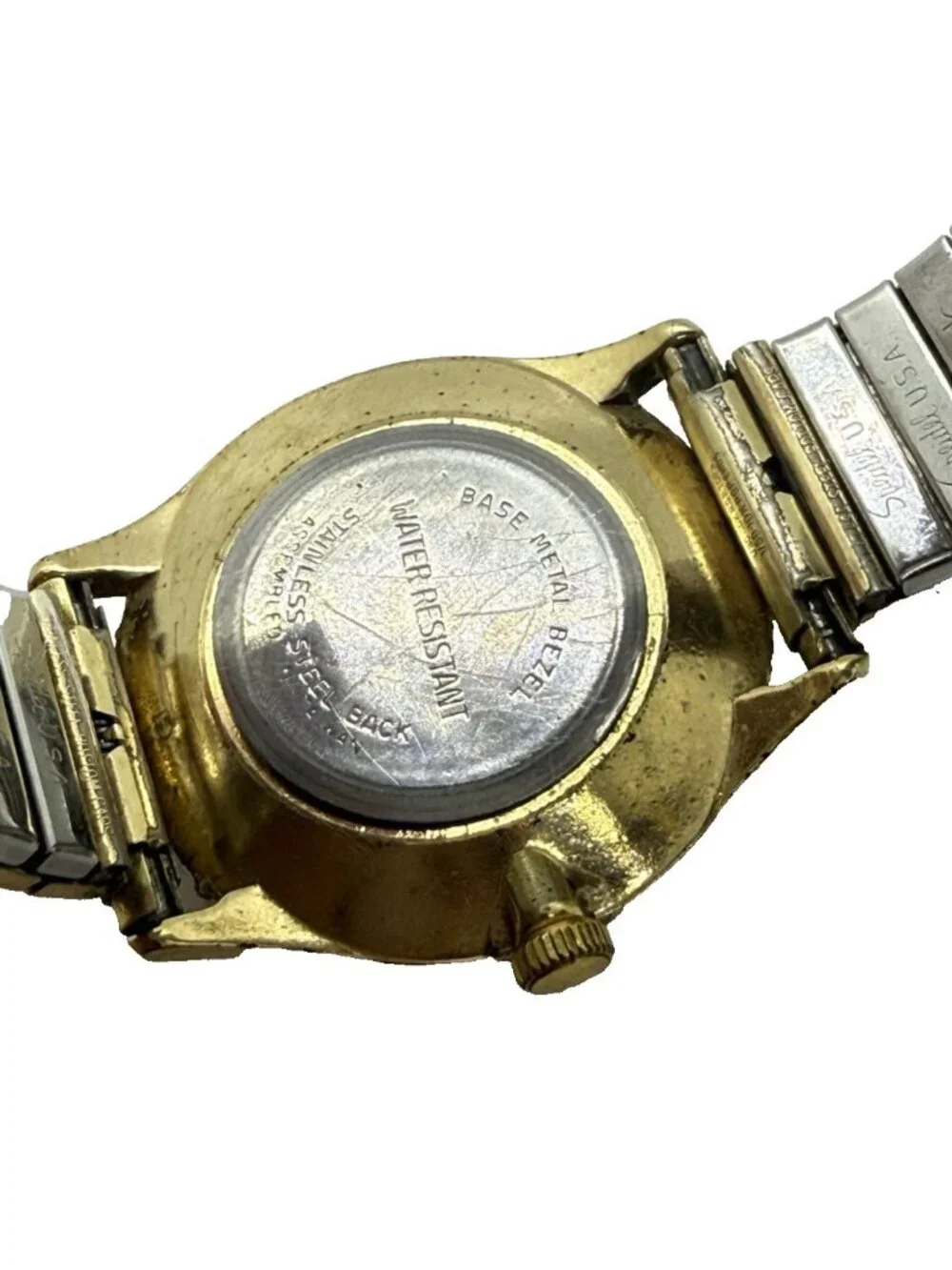 Vtg Timex Men's Two Tone Watch White Face Black Gold Stretch Spiedel Bracelet